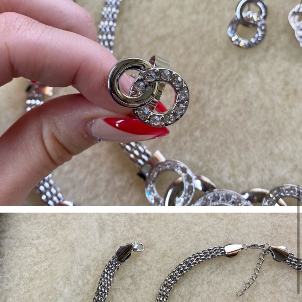 Silver Style Necklace Set Earring Circle Round Rhinestone Fashion Jewelry